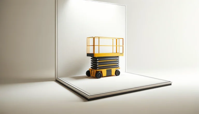 DALL·E 2024-06-07 09.59.03 - A modern scissor lift placed in the center against a plain white background. The scissor lift should have yellow and black coloring and be detailed. T